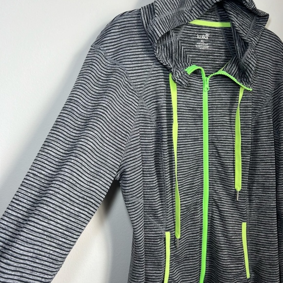 Lukka Womens Hooded Athletic Jacket Gray Black Stripe Neon Zip Thumb Holes Sz XL - Picture 4 of 15